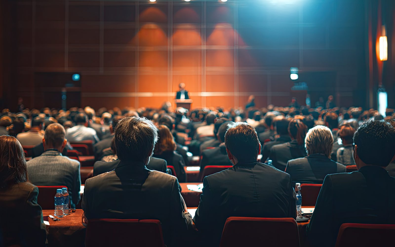 A large audience seated in a warmly lit auditorium during a conference session